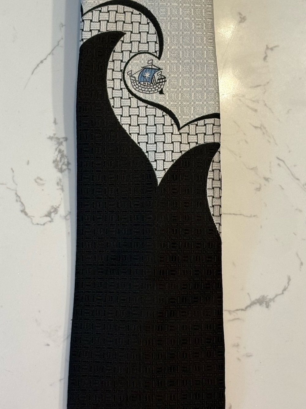 Vintage Black and White Graphic Pattern embroidered Viking ship Tie